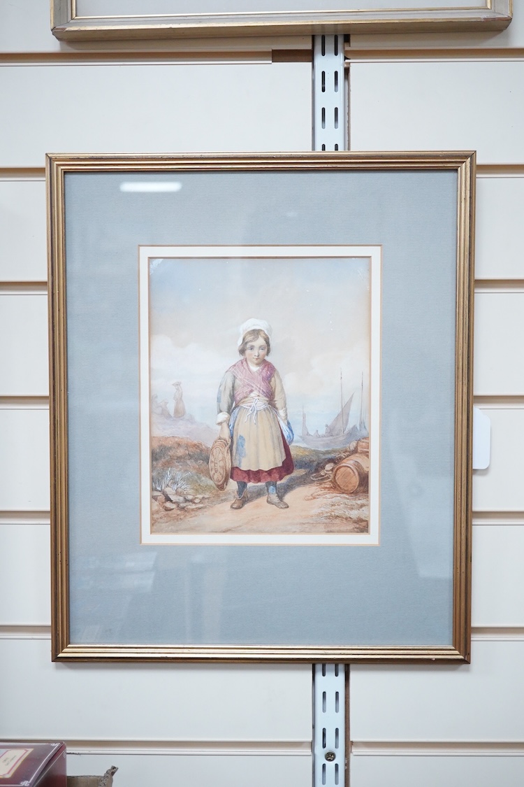 Victorian School, Young fisher girl on the shore, unsigned, watercolour, 23 x 18cm
